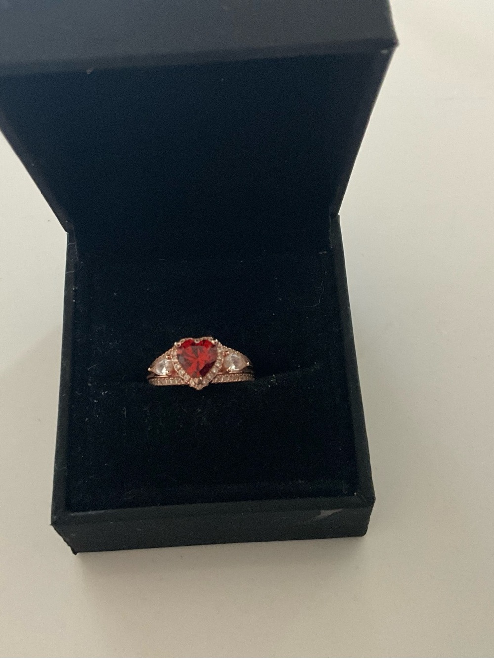Rose Gold Heart Ring with Red Center Stone